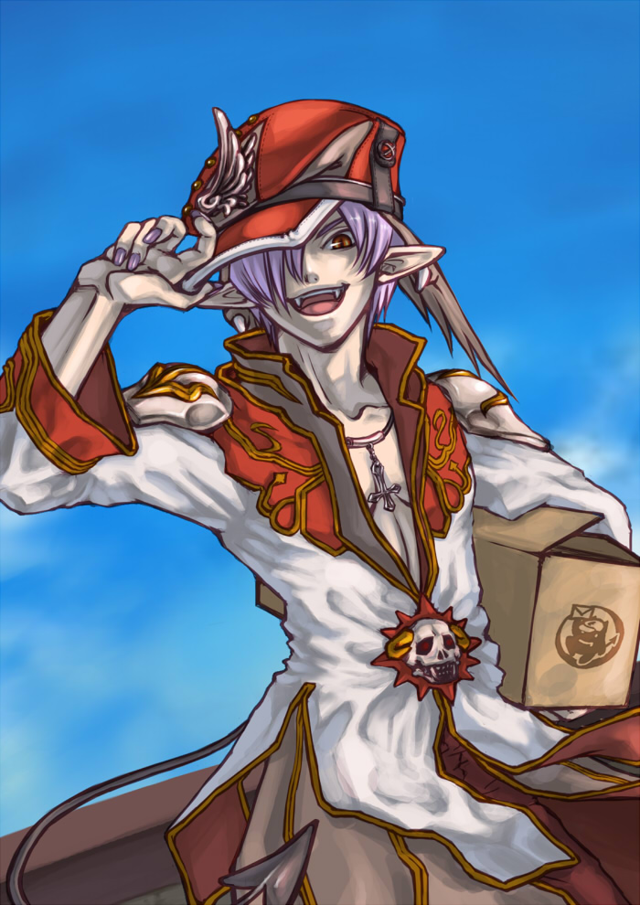 susukinohukurou, high priest (ragnarok online), ragnarok online, commentary request, 1boy, adjusting clothes, adjusting headwear, blue sky, box, brown coat, brown pants, cloud, coat, cowboy shot, cross, cross necklace, day, fangs, fingernails, gold trim, hair over one eye, hat, holding, holding box, jewelry, long sleeves, looking at viewer, male focus, multicolored coat, necklace, newsboy cap, open mouth, outdoors, pants, pointy ears, purple hair, purple nails, red coat, red eyes, red hat, sideways hat, skull, sky, smile, solo, two-tone coat, white coat
