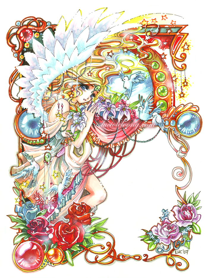 schin loong, emeraude (rayearth), magic knight rayearth, 1990s (style), 1girl, bird, blonde hair, blue flower, blue rose, dove, flower, long hair, princess, purple flower, purple rose, red flower, red rose, retro artstyle, rose, wings