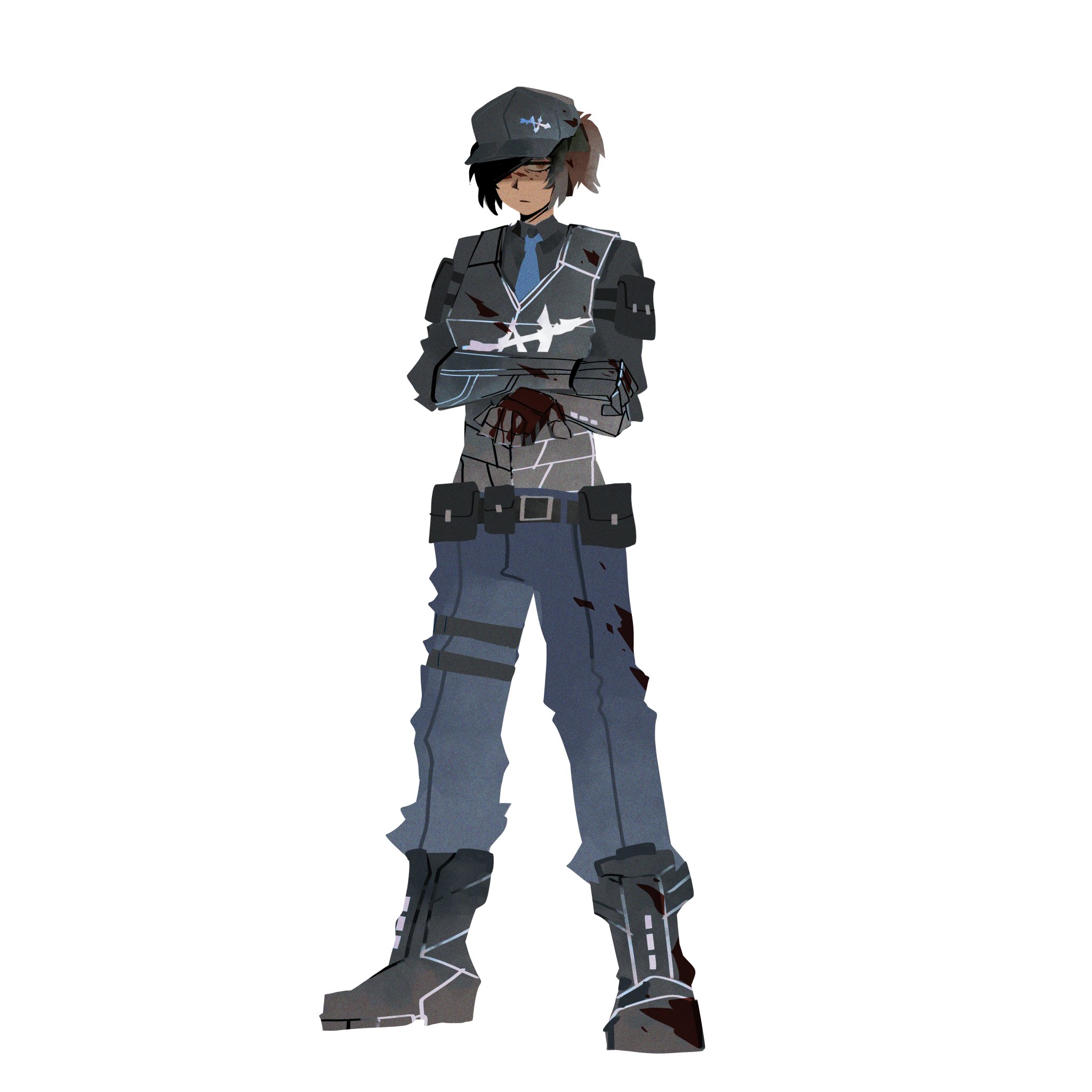 outis (project moon), limbus company, project moon, highres, 1girl, arm pouch, baseball cap, black gloves, black shirt, black shoes, black vest, blood, blood on clothes, blue necktie, blue pants, brown eyes, brown hair, closed mouth, collared shirt, crossed arms, dark-skinned female, dark skin, full body, gloves, hat, long sleeves, looking at viewer, luoyerrrrr, necktie, pants, ponytail, shirt, shoes, simple background, solo, standing, vest, w corp. (identity) (project moon), white background