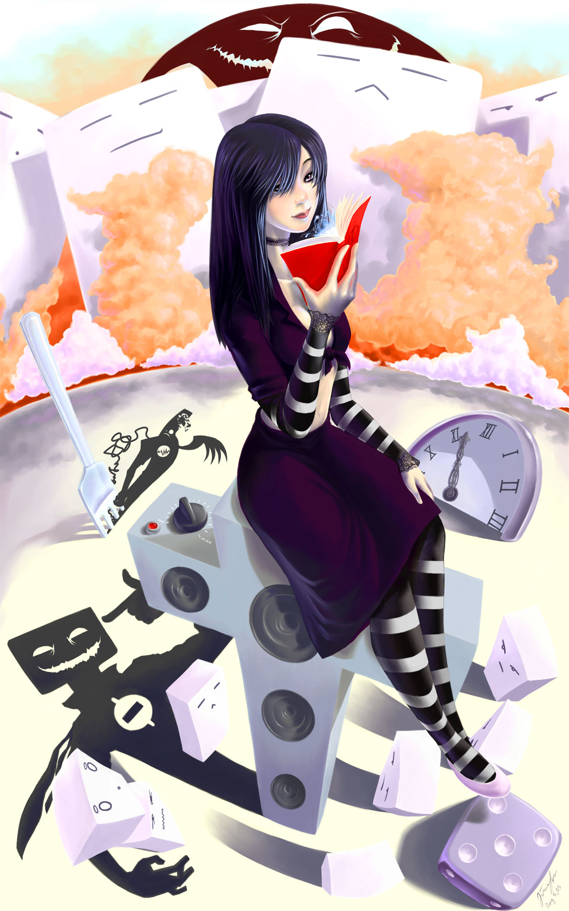 highres, 1girl, black hair, book, clock, dice, female focus, long hair, pantyhose, shoes, solo, striped clothes, striped pantyhose, subreal