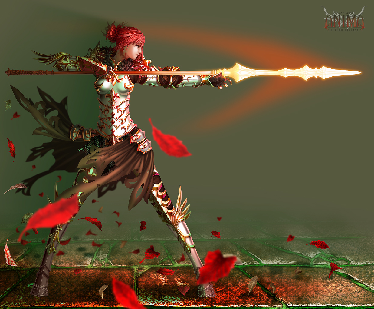 wen-m, anima, 1girl, armor, attack, boots, breastplate, faulds, female focus, gauntlets, greaves, lance, leaf, long hair, pauldrons, polearm, red hair, shoulder armor, solo, spear, weapon