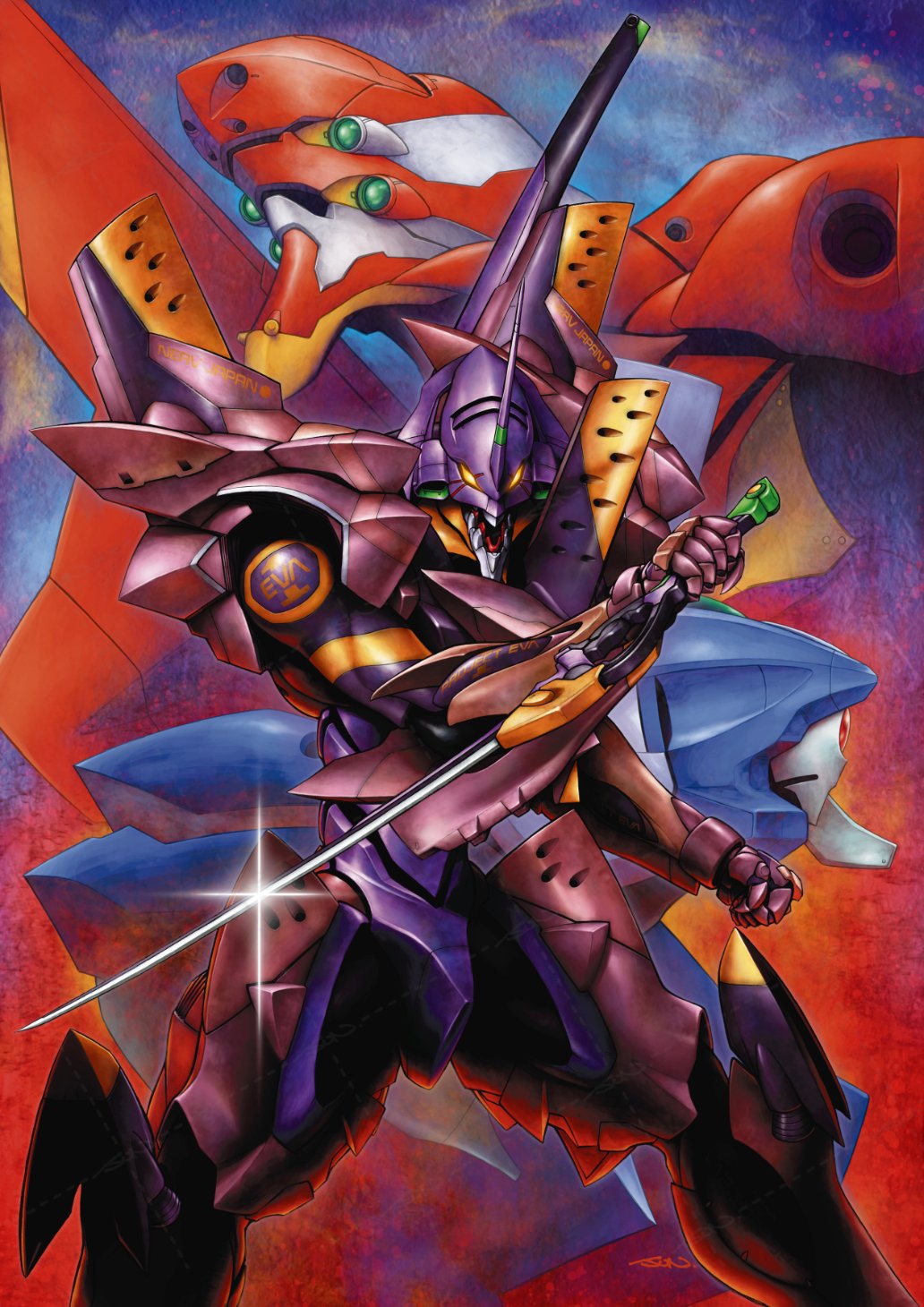 eva 00, eva 01, eva 02, neon genesis evangelion, neon genesis evangelion anima, hashtag-only commentary, highres, armor, clenched hand, eva 01 type f, evangelion (mecha), extra eyes, f-type equipment (evangelion: anima), feet out of frame, glint, glowing, glowing eyes, green eyes, holding, holding sword, holding weapon, horns, mecha, mecha focus, nakamura jun'ichi, no humans, open mouth, robot, science fiction, single horn, standing, super robot, sword, weapon, yellow eyes