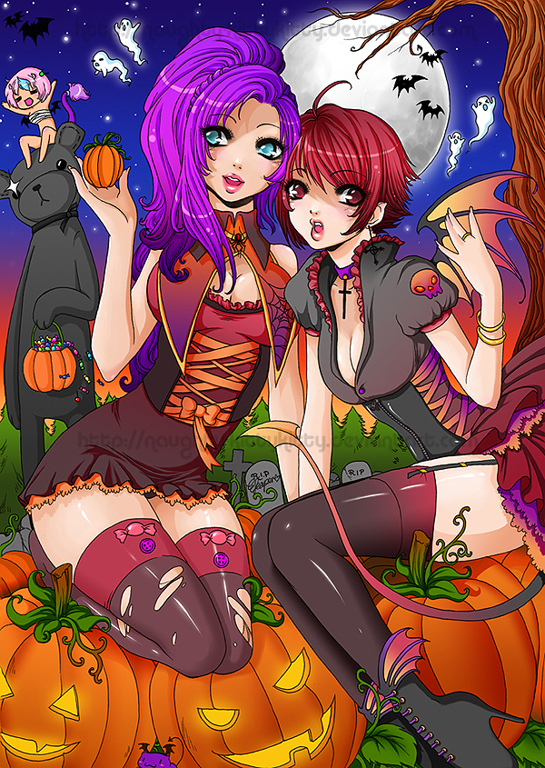 winged footwear, 2girls, bear, blue eyes, boots, buttons, candy, choker, cross, demon, demon girl, food, ghost, halloween, jack-o'-lantern, latin cross, lipstick, long hair, makeup, moon, multiple girls, pink lips, pumpkin, purple hair, red eyes, red hair, shoes, short hair, thighhighs, tombstone, tree, wings