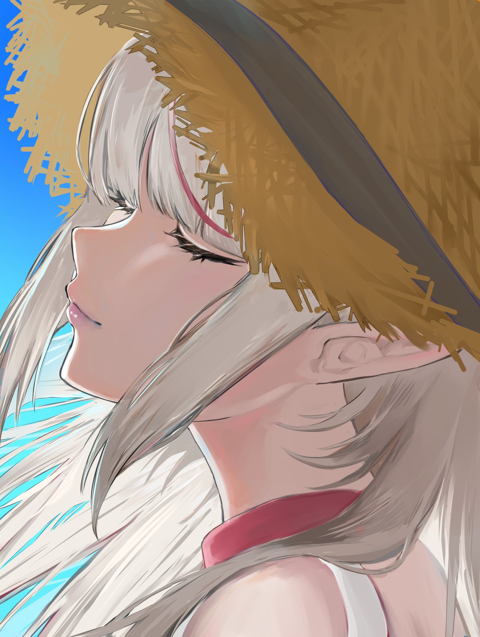 makaino ririmu, makaino ririmu (3rd costume), nijisanji, highres, 1girl, backlighting, blue background, blunt bangs, choker, closed eyes, closed mouth, collar, floating hair, from side, grey hair, hair down, harunonaisekai, hat, long hair, multicolored hair, pointy ears, portrait, red collar, red eyes, red hair, sidelocks, smile, solo, straw hat, streaked hair, virtual youtuber