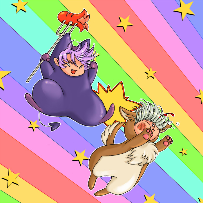susukinohukurou, desert wolf (ragnarok online), deviruchi, high priest (ragnarok online), ragnarok online, commentary request, 2boys, animal costume, cosplay, desert wolf (ragnarok online) (cosplay), deviruchi (cosplay), fang, food, food art, full body, green hair, holding, holding pitchfork, kicking, male focus, multiple boys, open mouth, pitchfork, pointy ears, purple hair, rainbow background, short hair, smile, star (symbol), tako-san wiener, wolf costume