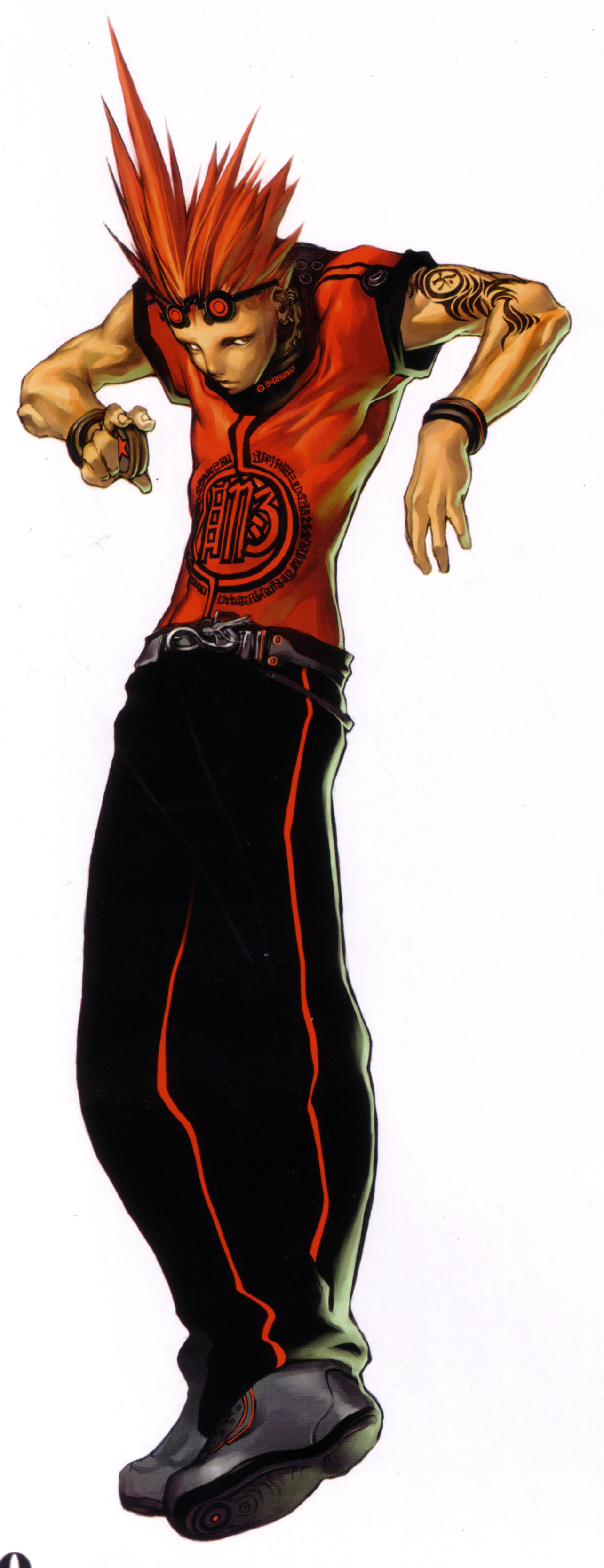 jojo, kim hyung tae, red head (war of genesis), magna carta, original, oxide, the war of genesis, the war of genesis iii, star, absurdres, highres, long image, official art, scan, tall image, belt, brown eyes, collar, crossed legs, earrings, jewelry, muscular, outstretched arms, pants, red hair, shirt, shoes, simple background, single vertical stripe, sneakers, solo, spiked hair, spread arms, standing, sunglasses, sunglasses on head, t-shirt, tattoo, wristband, yo-yo