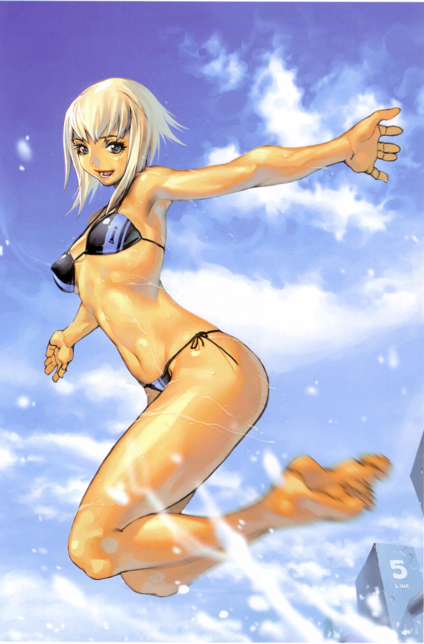 kim hyung tae, magna carta, original, oxide 2, absurdres, highres, scan, :d, armpits, barefoot, bikini, blonde hair, blue eyes, cloud, feet, flat chest, jumping, looking back, motion blur, navel, open mouth, outdoors, outstretched arms, pool, side-tie bikini bottom, sky, smile, solo, splashing, spread arms, swimsuit, water, wet, white hair