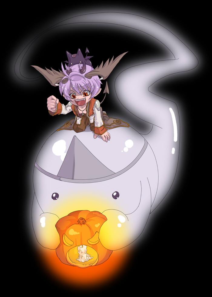 susukinohukurou, deviruchi, high priest (ragnarok online), lude (ragnarok online), ragnarok online, commentary request, 1boy, :d, black background, black wings, brown pants, candle, chibi, chibi only, coat, demon, demon boy, demon tail, demon wings, fang, full body, ghost, halloween, head wings, holding, holding pumpkin, jack-o'-lantern, long sleeves, looking down, male focus, multicolored coat, open clothes, open coat, open mouth, pants, pointy ears, pumpkin, purple hair, red coat, red eyes, short hair, simple background, smile, solo, tail, triangular headpiece, two-tone coat, white coat, wings