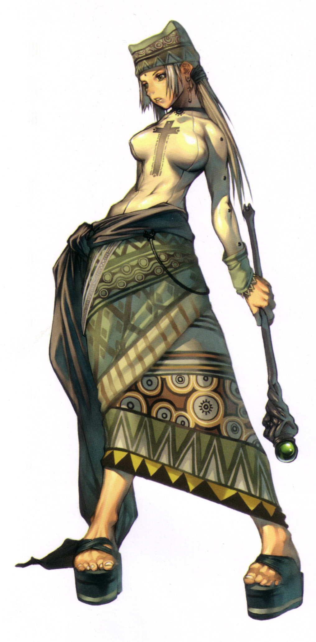 kim hyung tae, magna carta, original, oxide 2, highres, long image, scan, tall image, animal hat, brown eyes, covered erect nipples, cross, dress, earrings, feet, hat, impossible clothes, impossible shirt, jewelry, long hair, priestess, sandals, sash, scepter, shiny clothes, shirt, simple background, skin tight, skirt, solo, standing, twintails, white hair