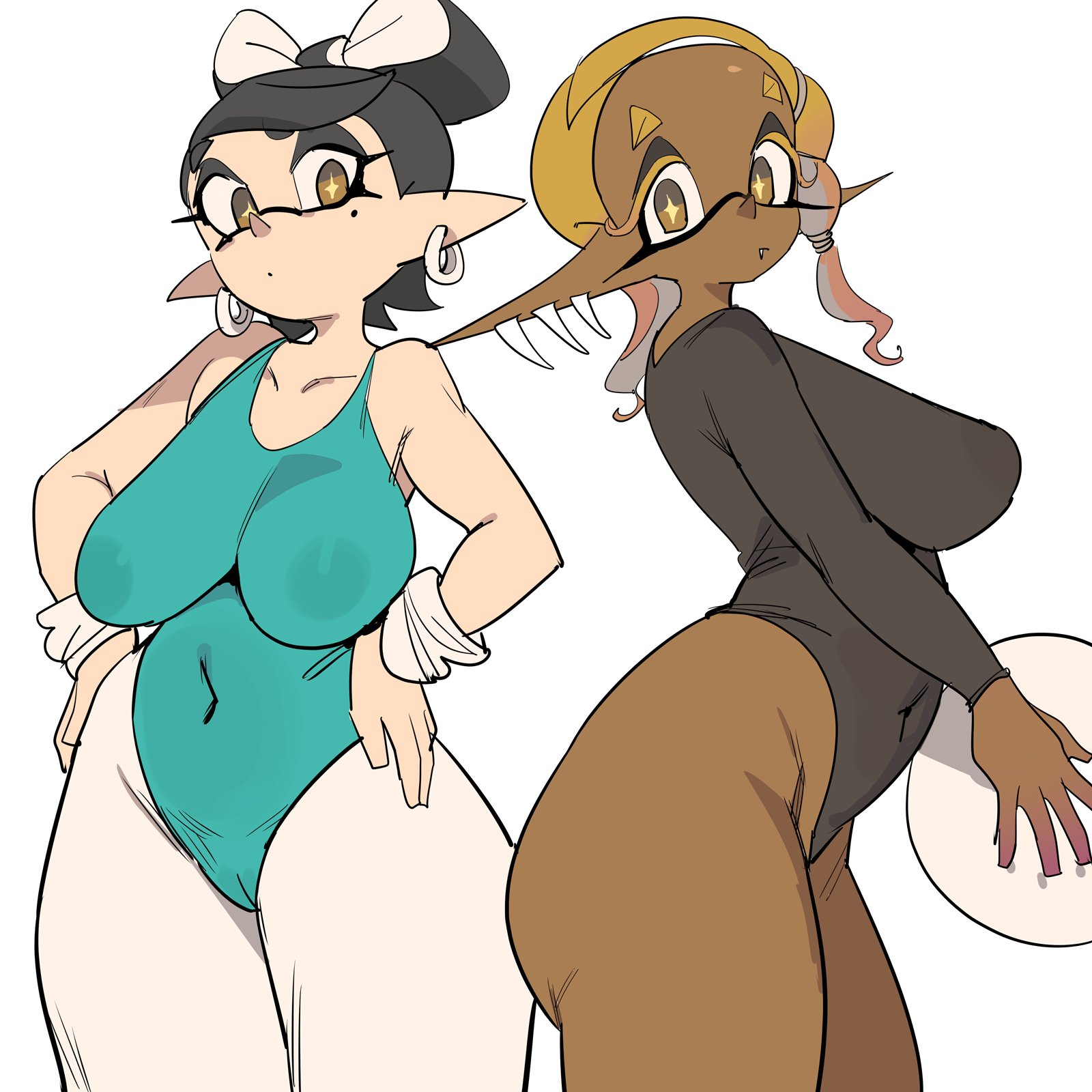 yuta agc, callie (splatoon), frye (splatoon), nintendo, splatoon (series), splatoon 1, splatoon 3, highres, + +, 2girls, aqua leotard, armband, athletic leotard, ball, black leotard, blonde hair, bow-shaped hair, breasts, cephalopod eyes, closed mouth, colored eyelashes, covered erect nipples, covered navel, dark-skinned female, dark skin, dot mouth, earrings, fang, fangs, gradient hair, gymnastics, hand on own hip, highleg, highleg leotard, holding, holding ball, hoop earrings, inkling, jewelry, leotard, long pointy ears, long sleeves, looking at viewer, mole, mole under eye, multicolored hair, multiple girls, pantyhose, pink hair, pointy ears, pointy nose, rhythmic gymnastics, sagging breasts, short hair, simple background, sketch, sleeved leotard, standing, symbol-shaped pupils, tentacle hair, tooth earrings, white armband, white background, white pantyhose, yellow eyes