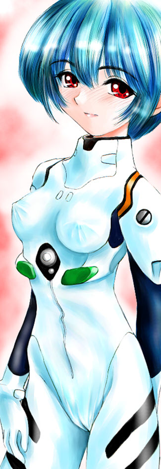 atchy, ayanami rei, neon genesis evangelion, long image, tall image, 1girl, blue hair, blush, breasts, cameltoe, covered erect nipples, female focus, hair between eyes, interface headset (evangelion), mecha pilot suit, medium breasts, plugsuit (evangelion), red eyes, short hair, solo