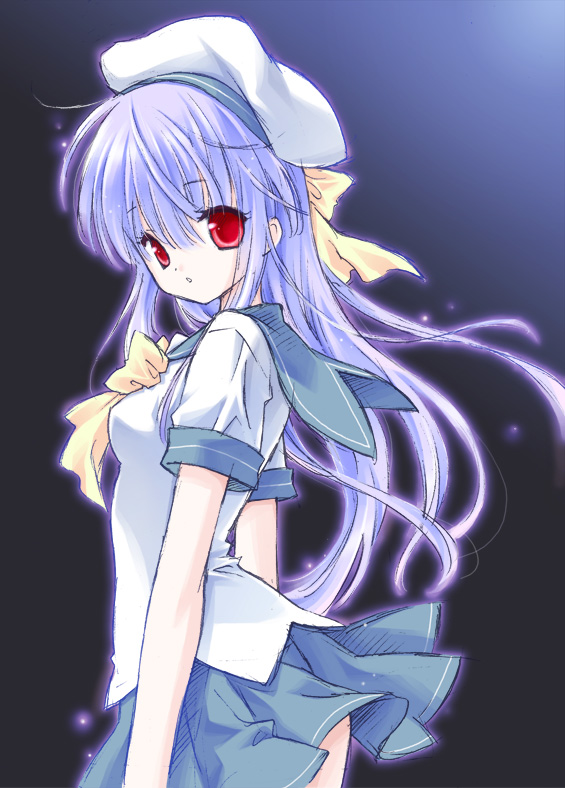 yoshika, 1girl, blue hair, female focus, red eyes, school uniform, serafuku, solo