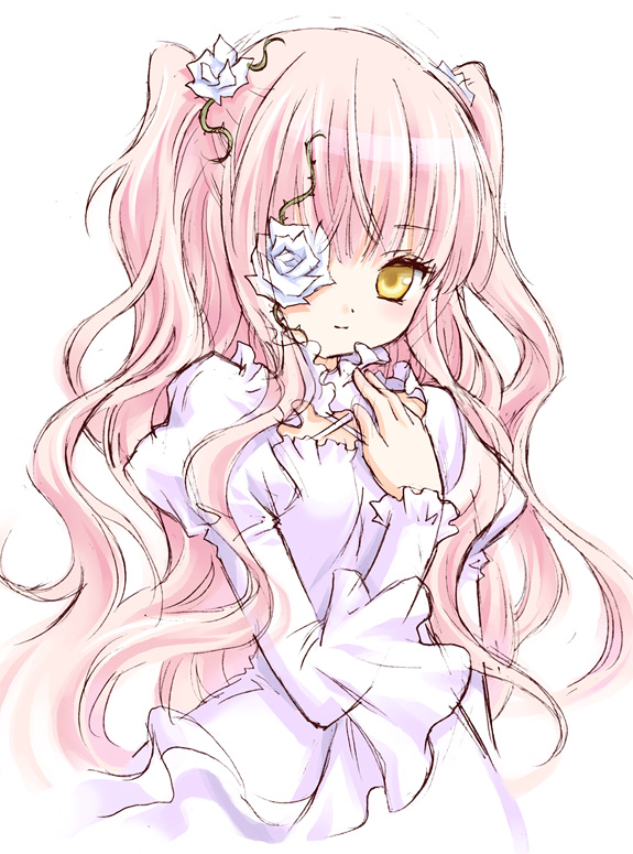 yoshika, kirakishou, rozen maiden, 00s, dress, flower, long hair, pink hair, rose, solo, white flower, white rose, yellow eyes