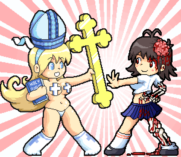 paul robertson, bikini bible chan, original, 2girls, ahoge, bible (object), black hair, blonde hair, blood, blood on face, blue eyes, bone, book, brain, breasts, censored, censored nipples, cross, exposed bone, exposed brain, hat, holding, holding cross, large breasts, long hair, mitre, monster girl, multiple girls, panties, pixel art, red eyes, school uniform, short hair, skeletal arm, thong, underwear, zombie