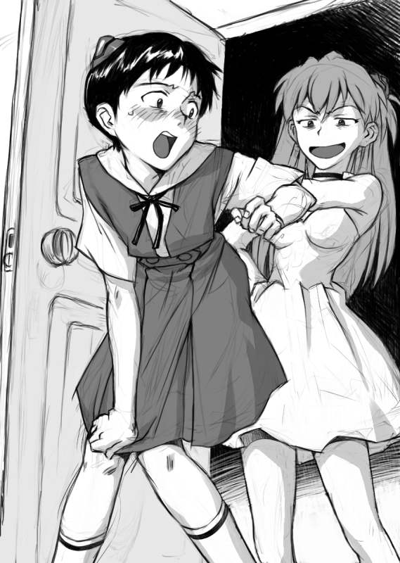ikari shinji, souryuu asuka langley, neon genesis evangelion, 1boy, 1girl, crossdressing, dress, embarrassed, forced feminization, greyscale, monochrome, school uniform, serafuku, trap