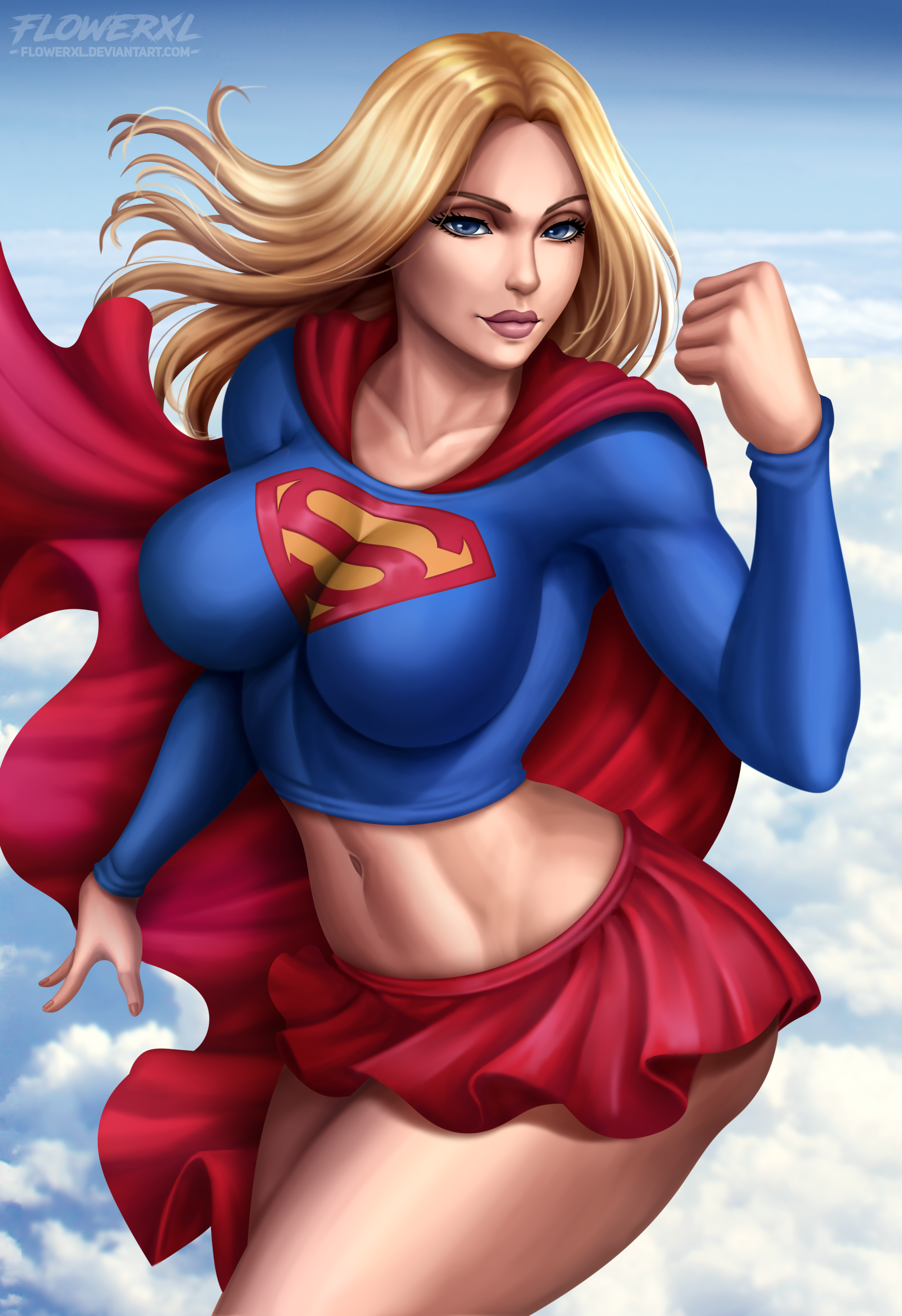 flowerxl, linda danvers, kara zor-el, supergirl, dc comics, superman (series), 1girl, abs, blonde hair, blue eyes, breasts, cape, cleavage, female focus, flying, long hair, looking at viewer, pink lips, red cape, red skirt, skirt, sky, supergirl (series), thick thighs, thighs, watermark
