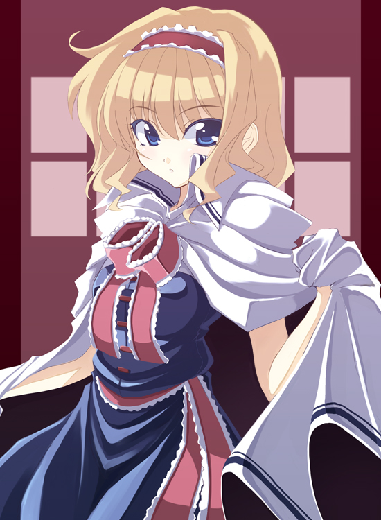 tooya, touya (the-moon), alice margatroid, touhou, 1girl, blonde hair, blue eyes, cape, female focus, hairband, short hair, solo, standing