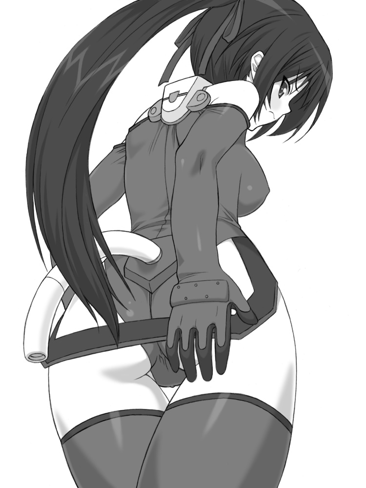 shichimenchou, ichijou eika, sky girls, pilot suit, >:(, 00s, 1girl, angry, ass, bare shoulders, blush, breasts, cameltoe, covered erect nipples, covering ass, covering privates, cowboy shot, elbow gloves, female focus, from behind, from below, frown, gloves, greyscale, hair ribbon, high ponytail, leotard, long hair, looking at viewer, looking back, mecha pilot suit, medium breasts, monochrome, motion slit, motionslit, ponytail, profile, ribbon, simple background, solo, thigh gap, thighhighs, thighs, v-shaped eyebrows, very long hair