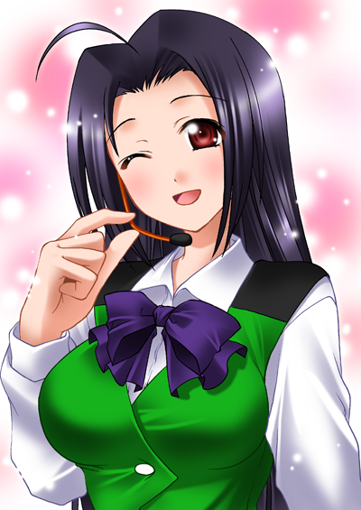 itsuki sayaka, miura azusa, otonashi kotori, idolmaster, idolmaster (classic), idolmaster 1, uniform, 1girl, ahoge, cosplay, female focus, headset, long hair, one eye closed, otonashi kotori (cosplay), red eyes, solo, wink