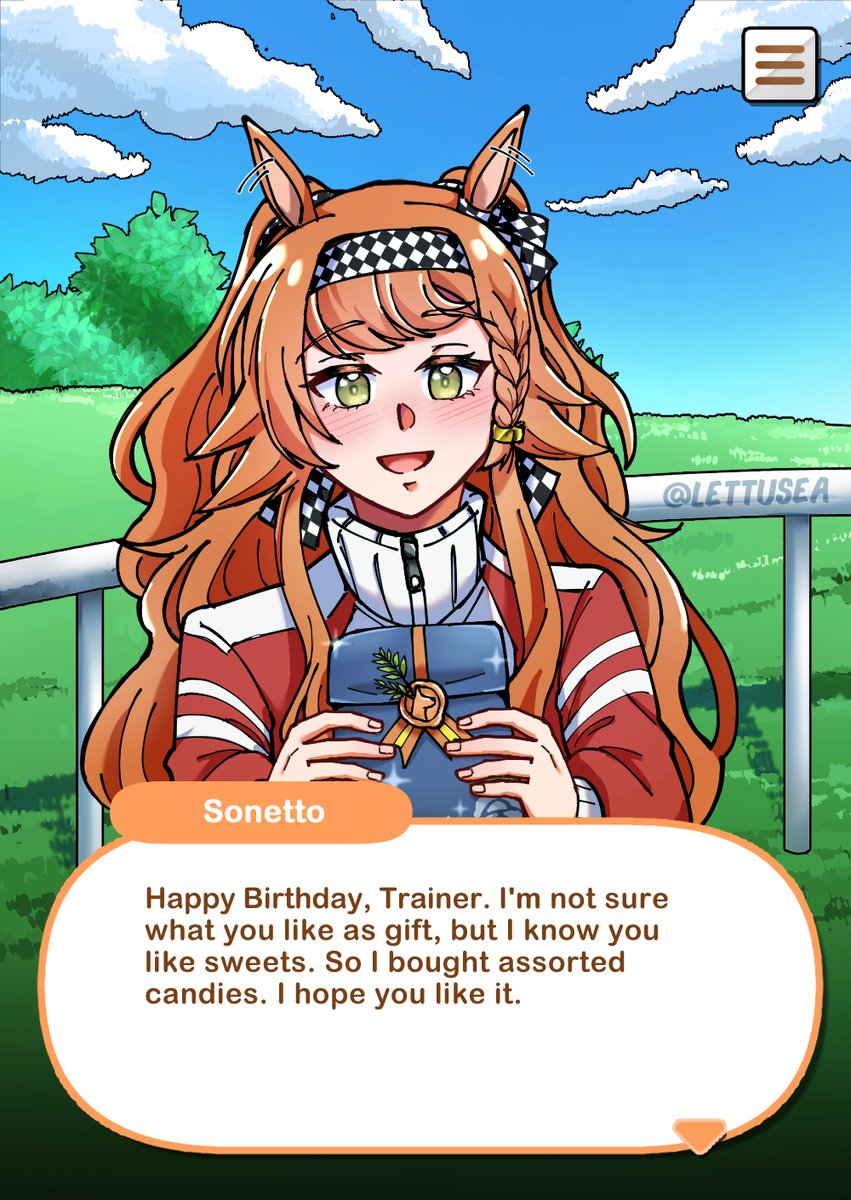 sonetto (reverse:1999), reverse:1999, umamusume, highres, 1girl, :d, alternate universe, animal ears, bag, blue sky, character name, cloud, cloudy sky, dialogue box, english text, grass, green eyes, hands up, holding, holding bag, horse ears, horse girl, incoming gift, jacket, kemonomimi mode, lettuce (lettusea), long hair, open mouth, outdoors, railing, red jacket, sky, smile, solo, tracen training uniform, track jacket, tree, twitter username, two side up, upper body, user interface