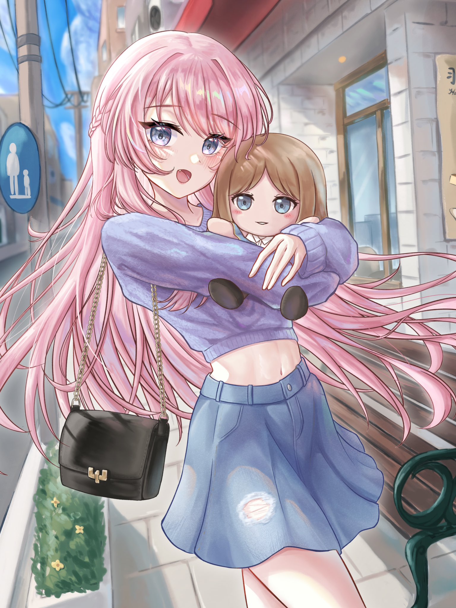 uting, chihaya anon, nagasaki soyo, bang dream!, bang dream! it's mygo!!!!!, highres, 2girls, blue eyes, blush, brown hair, fang, grey eyes, long hair, long sleeves, multiple girls, open mouth, pink hair