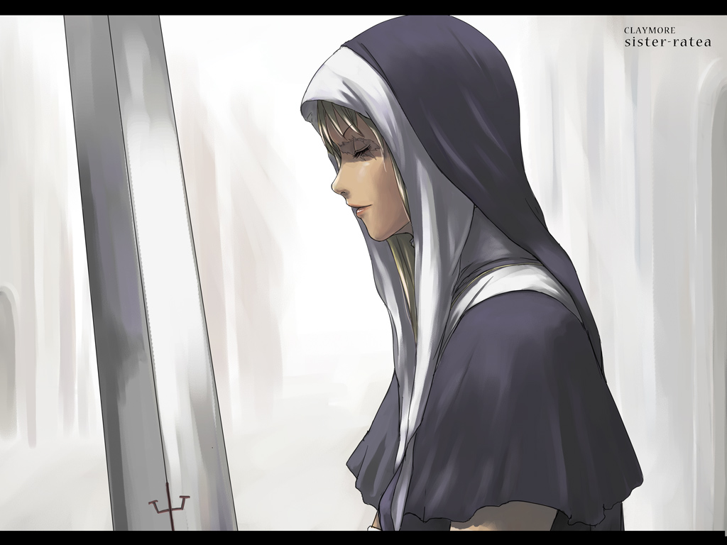 tea (nakenashi), galatea, claymore (series), 00s, 1girl, blonde hair, claymore (sword), closed eyes, female focus, letterboxed, scar, scar across eye, scar on face, solo, sword, weapon
