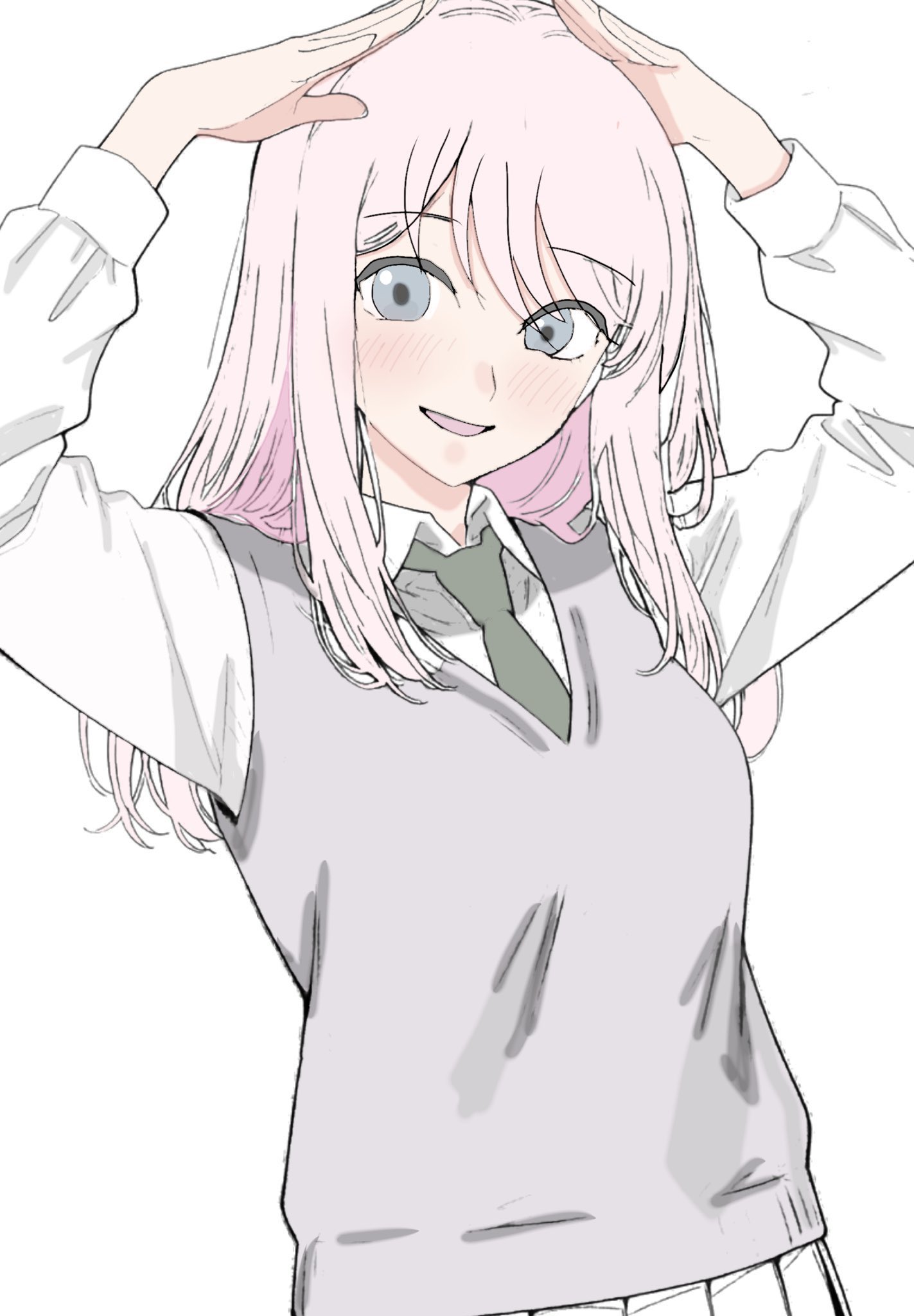 wtsino, chihaya anon, bang dream!, bang dream! it's mygo!!!!!, highres, 1girl, blush, grey eyes, long hair, multiple girls, mygo!!!!! (bang dream!), open mouth, pink hair, school uniform, shirt, white background, white shirt
