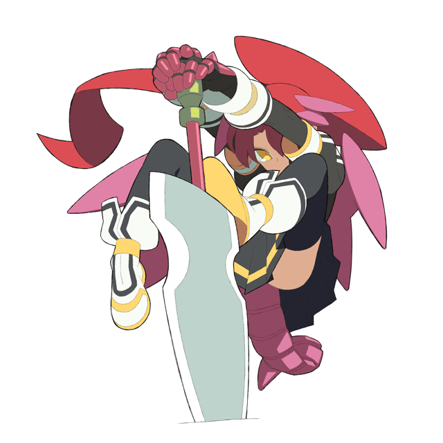 itsumo nokoru, bahamut (totomono), ken to mahou to gakuen mono, ken to mahou to gakuen mono 3, archived source, bad link, 1girl, anime coloring, armor, armored gloves, black gloves, black skirt, black sleeves, black thighhighs, dragon girl, dragon tail, dragon wings, elbow gloves, floating hair, full body, gauntlets, gloves, hair over one eye, looking at viewer, one eye covered, pink tail, pink wings, pleated skirt, ponytail, red armor, red hair, shirt, shoe soles, shoes, short sleeves, simple background, skirt, solo, spiked armor, sword, tail, thighhighs, weapon, white background, white shirt, white shoes, white wrist cuffs, wings, wrist cuffs, yellow eyes