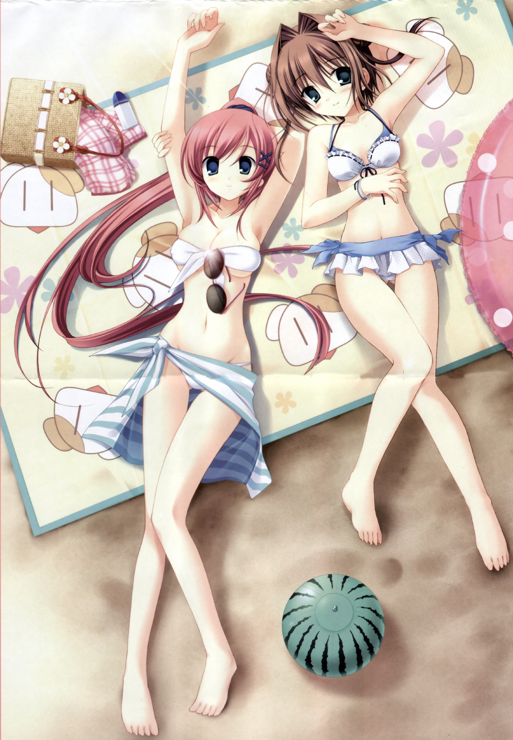 tanihara natsuki, yaegashi nan, asakura yume, shirakawa nanaka, da capo, da capo ii, absurdres, highres, official art, 00s, 2girls, armpits, bandeau, barefoot, beach, bikini, blush, breasts, cleavage, eyewear hang, feet, food, frilled bikini, frills, front-tie top, fruit, multiple girls, sarong, skindentation, smile, striped clothes, striped sarong, sunglasses, swimsuit, thigh gap, unworn eyewear, watermelon