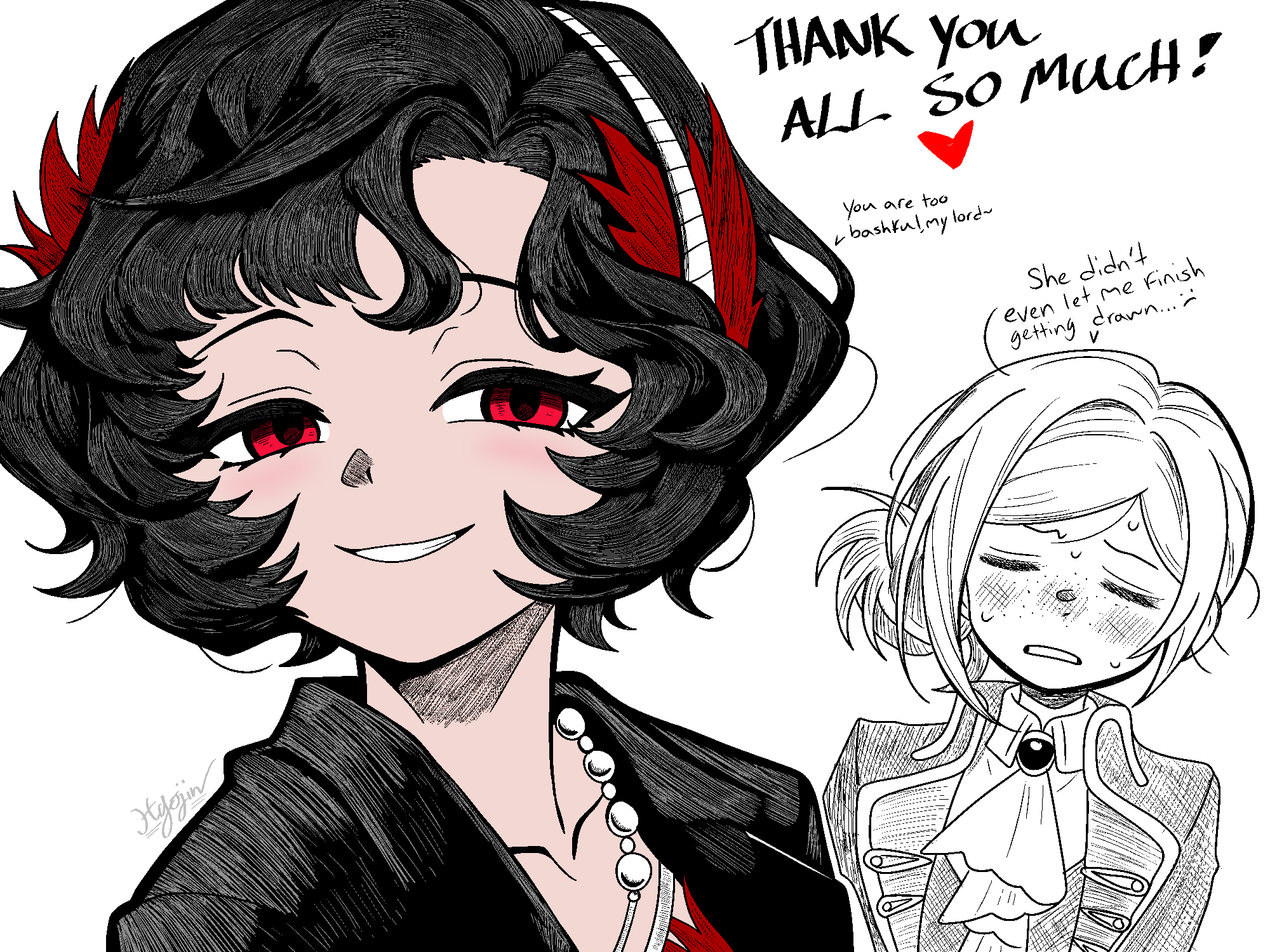 hyojin en, schneider (reverse:1999), vertin (reverse:1999), reverse:1999, highres, 2girls, ascot, black coat, black hair, closed eyes, coat, english text, facing viewer, feather hair ornament, feathers, freckles, grin, hair bun, hair ornament, heart, jewelry, multiple girls, necklace, partially colored, pearl necklace, red eyes, red feathers, short hair, single side bun, smile, sweat, teeth, upper body, white background