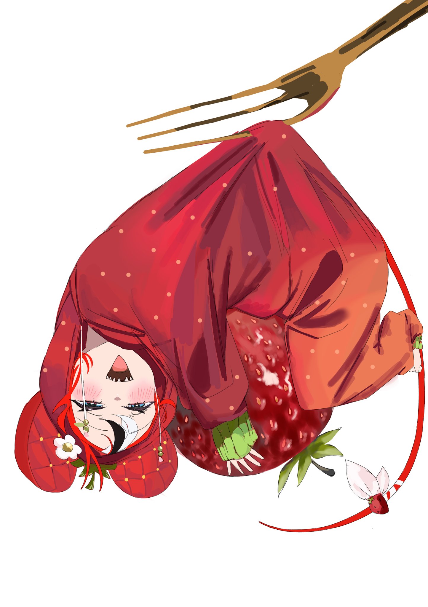 hakos baelz, hakos baelz (strawberry onesie), hololive, hololive english, highres, 1girl, animal ears, black streaks, blue eyes, food, fork, fruit, hood, hooded pajamas, loricart01, mini person, minigirl, mouse ears, mouse girl, mouse tail, official alternate costume, onesie, open mouth, pajamas, red pajamas, sharp teeth, simple background, sleeves past wrists, solo, strawberry, tail, teeth, white background, white streaks