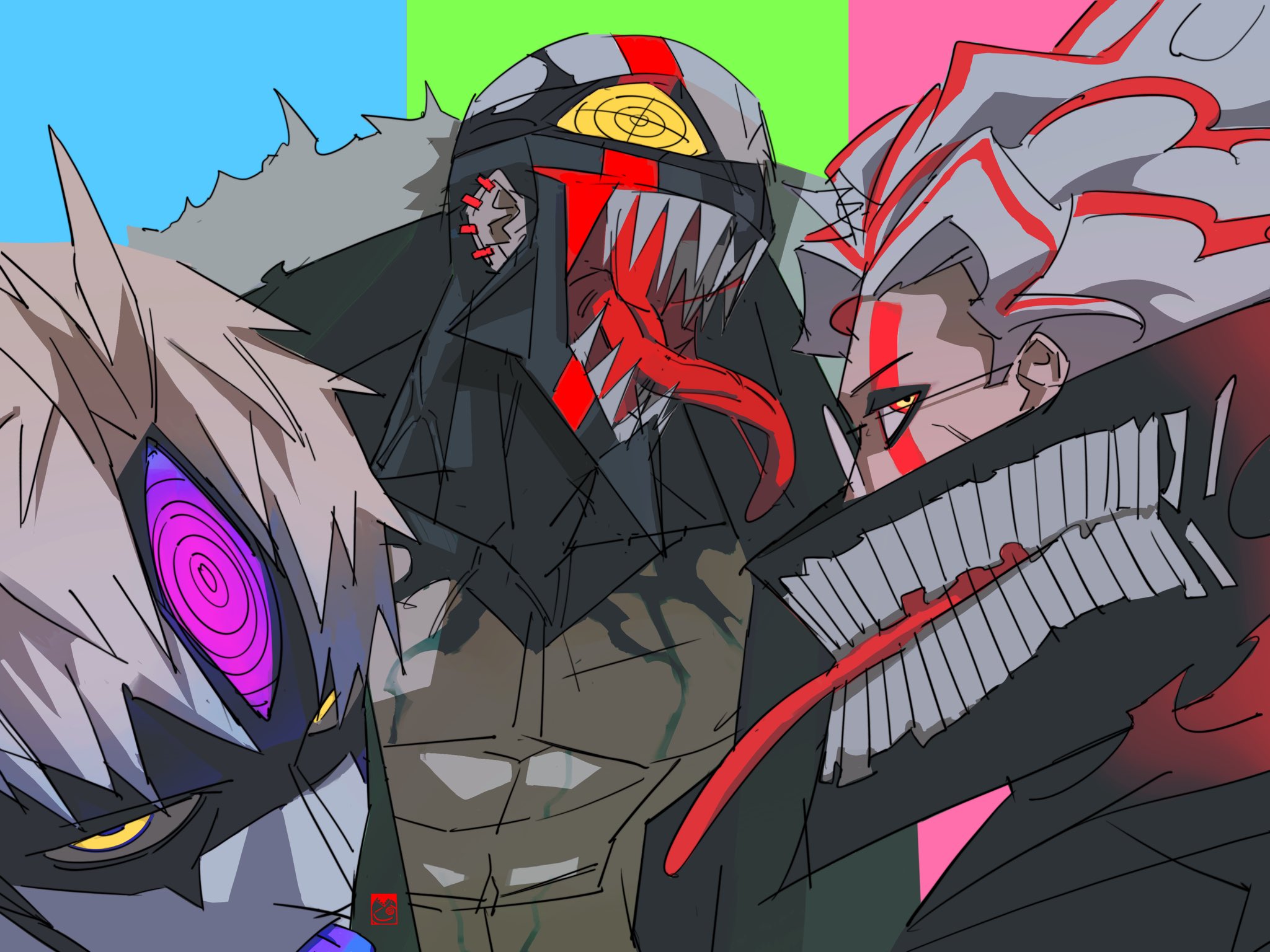 enjoji jin, evil eye (dandadan), takakura ken (dandadan), takakura ken (transformed) (dandadan), zuma unji, dandadan, commentary, english commentary, highres, 3boys, abs, chompsta, coat, ear piercing, from side, fur-trimmed coat, fur trim, gakuran, grey hair, long tongue, looking at viewer, male focus, mask, mouth mask, multicolored hair, multiple boys, open clothes, open coat, open mouth, pectorals, piercing, possessed, red eyes, red hair, school uniform, sharp teeth, short hair, teeth, third eye, tongue, tongue out, transformation, two-tone hair, upper body, very short hair, yellow eyes