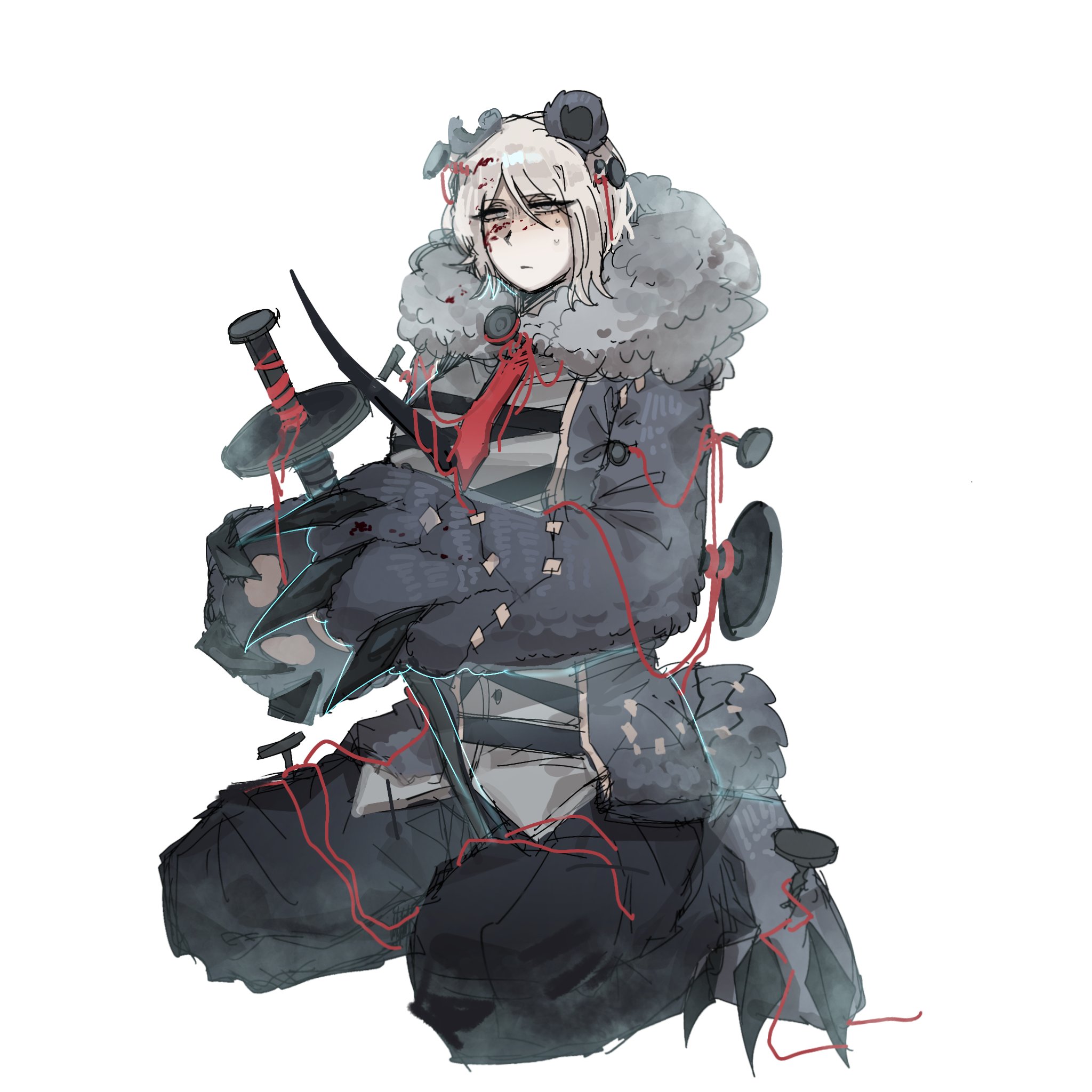 faust (project moon), limbus company, project moon, highres, 1girl, animal ears, bear claws, bear ears, black pants, blood, blood on face, blue eyes, claws, coat, e.g.o (project moon), full body, fur-trimmed coat, fur trim, grey coat, grey shirt, hex nail (e.g.o), holding, holding nail, looking at viewer, luoyerrrrr, nail (hardware), nail hair ornament, necktie, pants, paw sleeves, red necktie, red yarn, shirt, short hair, simple background, sitting, solo, stitches, white background, white hair