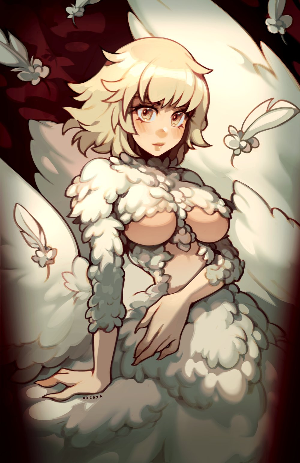 oxcoxa, falin touden, falin touden (chimera), dungeon meshi, commentary, highres, 1girl, artist name, blonde hair, body fur, breasts, chimera, closed mouth, feathered wings, feathers, large breasts, light blush, looking at viewer, monster girl, short hair, solo, underboob, white feathers, wings, yellow eyes