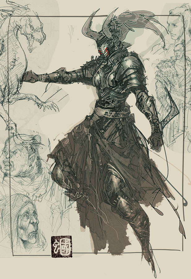original, beige background, 4boys, armor, armored boots, battle, boots, breastplate, brown background, clenched hand, dragon, fantasy, full armor, full body, helmet, holding, holding sword, holding weapon, male focus, monochrome, monster, multiple boys, outstretched arm, sharp teeth, simple background, sketch, spot color, standing, sword, teeth, thigh boots, thighhighs, unsheathed, weapon