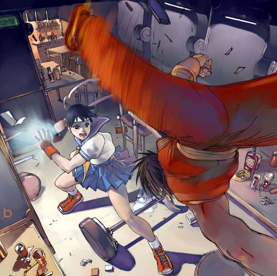 bengal, guy (final fight), kasugano sakura, capcom, final fight, street fighter, street fighter zero (series), 1boy, 1girl, battle, blue sailor collar, fighting, foreshortening, sailor collar, school uniform, serafuku, skirt