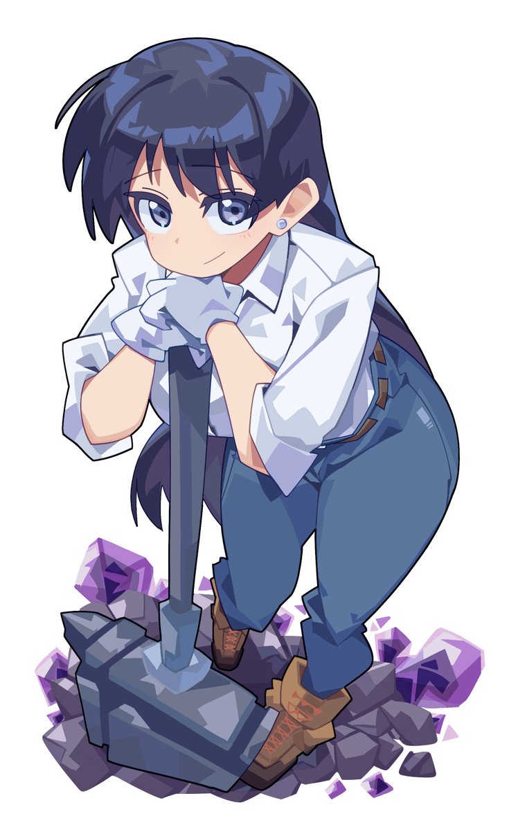 asia (aji19081), arato nagi, ruri no houseki, commentary, highres, 1girl, belt, black eyes, black hair, blue pants, boots, brown boots, crystal, earrings, full body, gloves, hammer, jewelry, long hair, looking at viewer, pants, rock, shirt, simple background, sleeves rolled up, smile, solo, standing, stud earrings, very long hair, white background, white gloves, white shirt