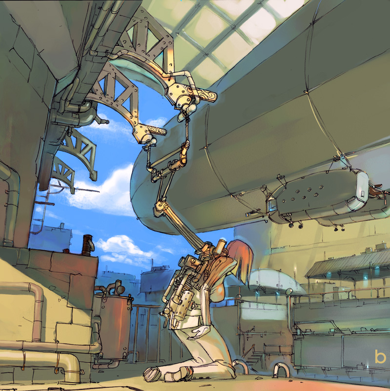 bengal, original, 1girl, ass, bare shoulders, blue sky, day, female focus, from behind, full body, hangar, kneeling, looking down, machinery, pants, red hair, scenery, short hair, sky, solo, wide shot