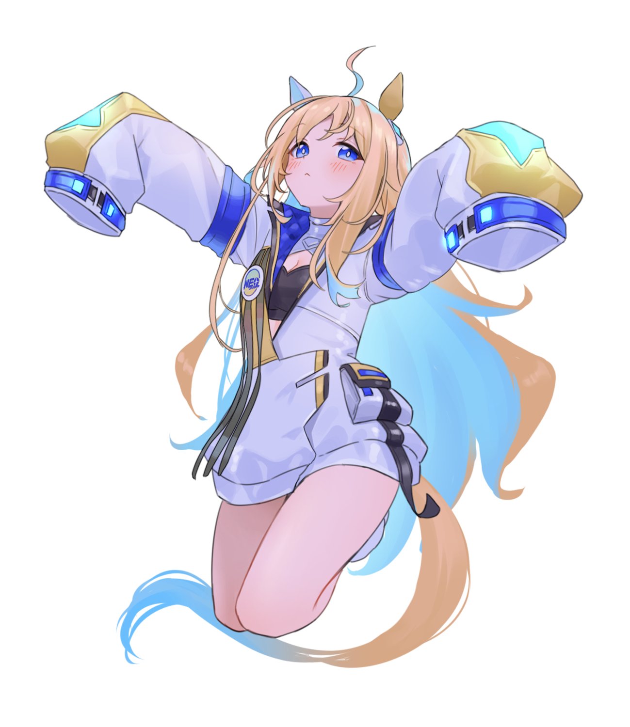 katuko deluxe, neo universe (umamusume), umamusume, commentary, highres, 1girl, :<, ahoge, animal ears, arms up, blue eyes, blue hair, blush, breasts, bright pupils, cleavage, closed mouth, coat, colored inner hair, frown, full body, horse ears, horse girl, horse tail, long hair, looking at viewer, medium breasts, multicolored hair, open clothes, open coat, simple background, sleeves past fingers, sleeves past wrists, solo, tail, two-tone hair, very long hair, white background, white coat, white pupils