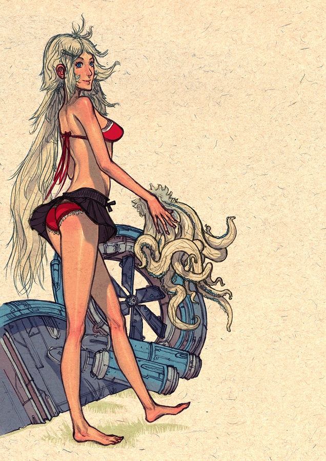 original, 1girl, bikini, blonde hair, female focus, red bikini, skirt, solo, swimsuit, tentacles, upskirt