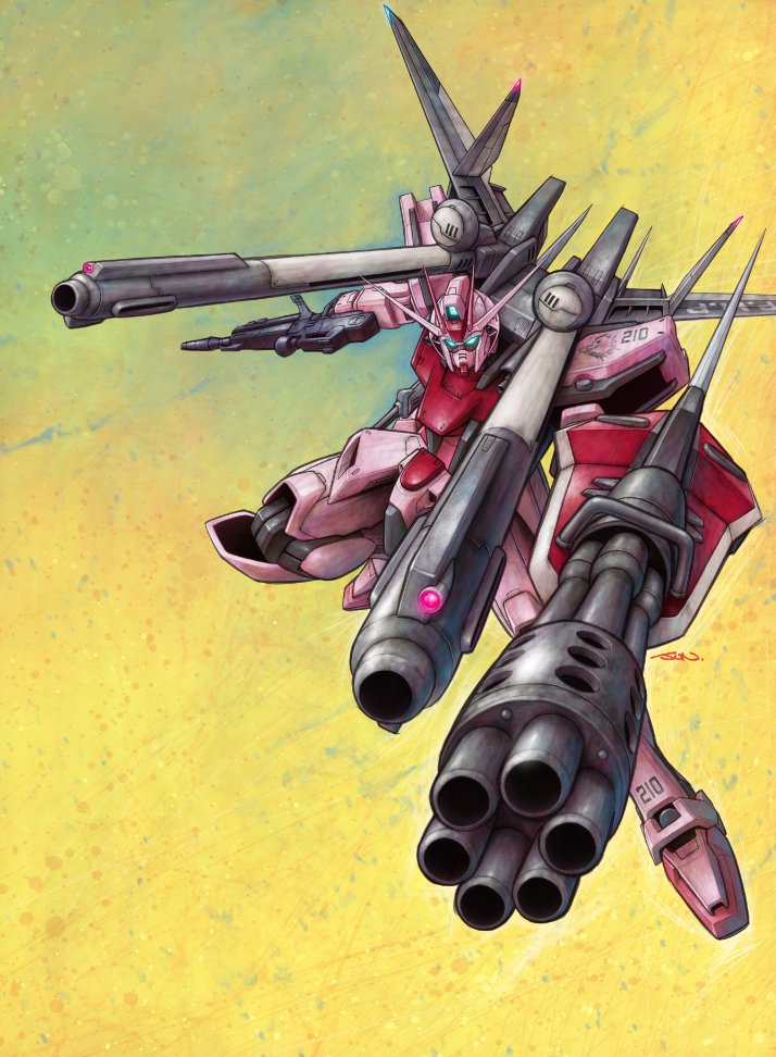 strike rouge, gundam, gundam seed, commentary request, beam cannon, beam rifle, blue eyes, energy gun, foreshortening, gatling gun, glowing, glowing eyes, gradient background, green background, gun, holding, holding gun, holding weapon, mecha, mecha focus, mobile suit, nakamura jun'ichi, no humans, robot, science fiction, shoulder cannon, signature, solo, strike rouge iwsp, v-fin, weapon, yellow background
