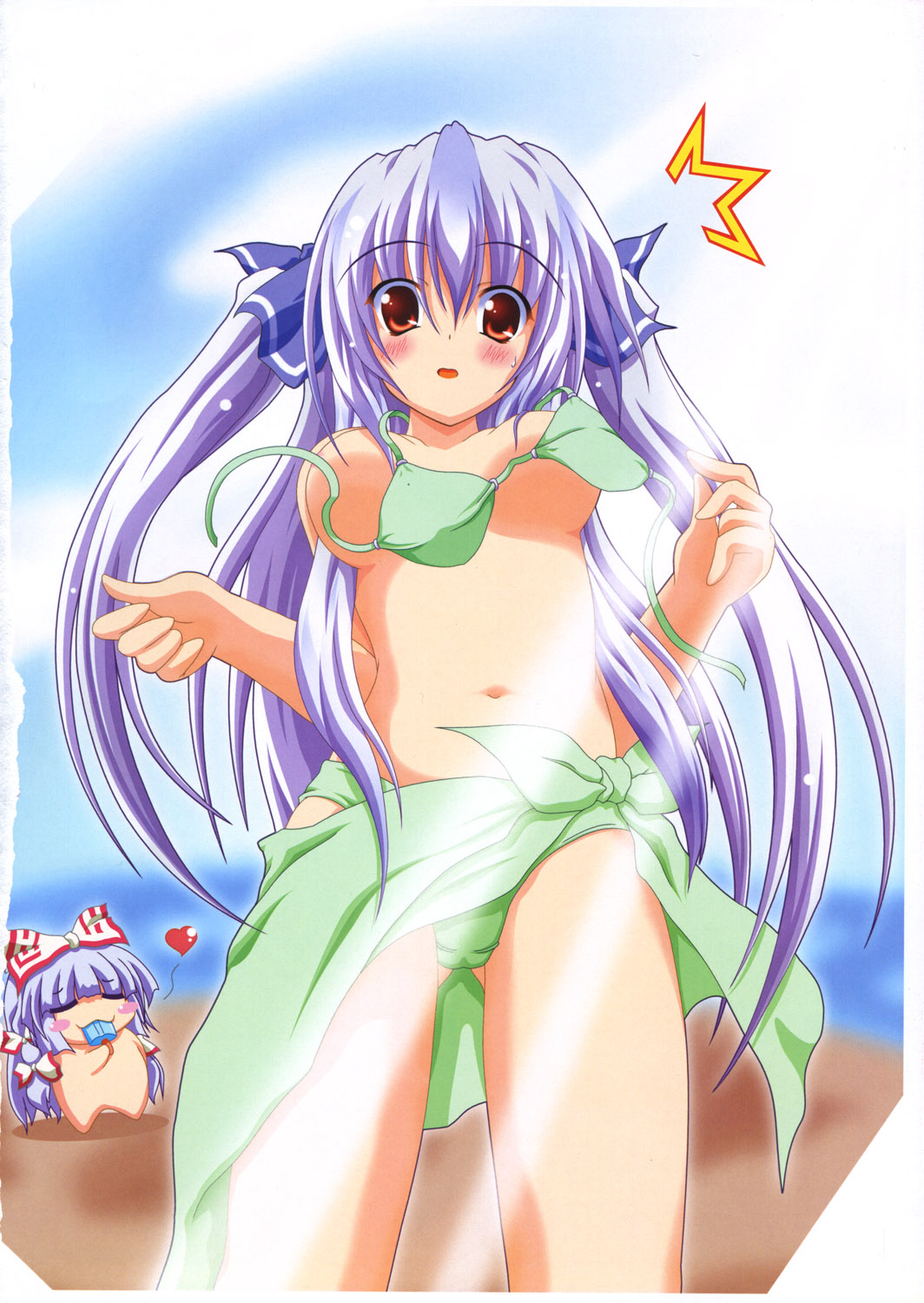 fujiwara no mokou, kamishirasawa keine, touhou, highres, 2girls, aqua bikini, beach, bikini, breasts, female focus, medium breasts, multiple girls, nipple slip, nipples, ocean, outdoors, sarong, sky, surprised, swimsuit