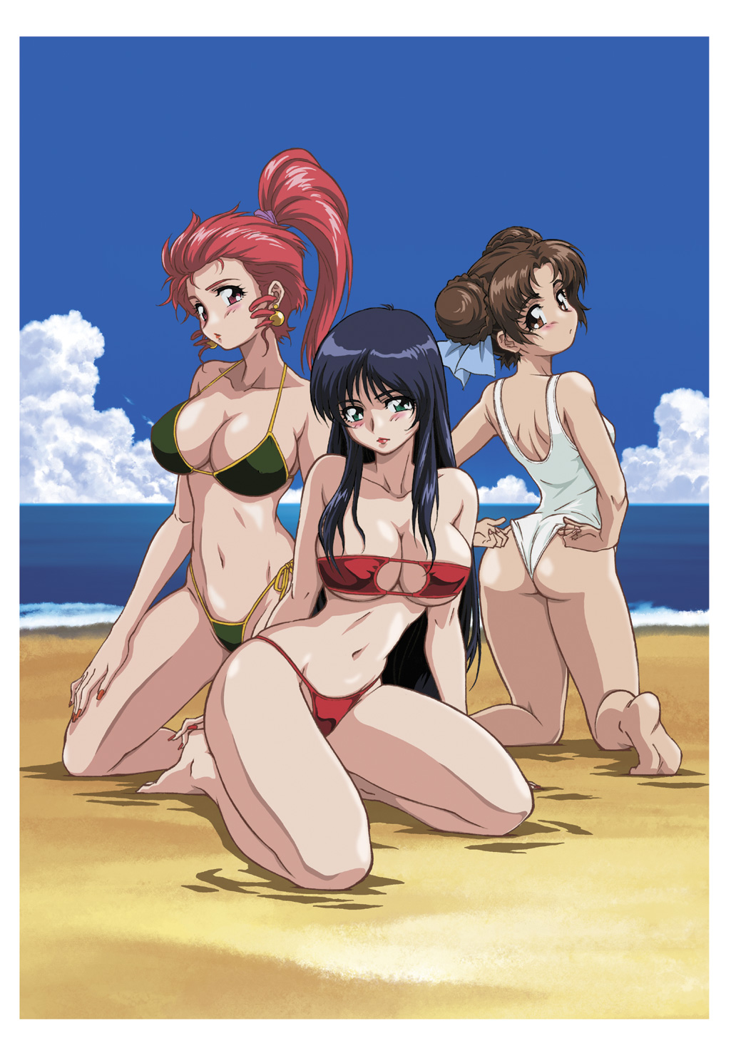 uchida yorihisa, lily (iyashite agerun saiyuki), lin (iyashite agerun saiyuki), shaotao, iyashite agerun saiyuki, highres, 00s, 3girls, adjusting clothes, adjusting swimsuit, ass, beach, bikini, black hair, blue sky, blush, breasts, brown eyes, brown hair, cleavage, cloud, curvy, day, double bun, drill hair, earrings, female focus, fingernails, green bikini, green eyes, hair bun, jewelry, large breasts, lipstick, long fingernails, long hair, makeup, multiple girls, nail polish, ocean, one-piece swimsuit, outdoors, ponytail, red bikini, red eyes, red hair, red nails, sand, side-tie bikini bottom, sky, strapless, strapless bikini, swimsuit, very long hair, water, wedgie, white one-piece swimsuit