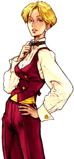 nishimura kinu, king (snk), capcom vs. snk, capcom vs. snk 2, ryuuko no ken, snk, the king of fighters, official art, 1girl, androgynous, blonde hair, blue eyes, bow, bowtie, button shirt, crossdressing, crossdressing (ftm), cuff links, dress shirt, female focus, reverse trap, shirt, short hair, solo, vest