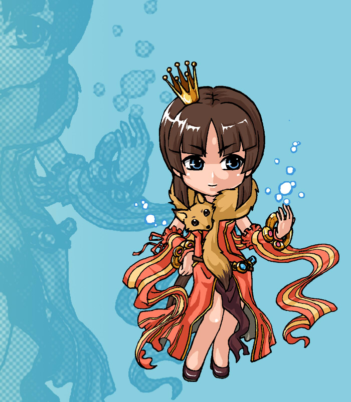 susukinohukurou, professor (ragnarok online), ragnarok online, commentary request, 1girl, animal, animal around neck, bangle, blue background, blue eyes, blunt bangs, bracelet, brown hair, brown shoes, chibi, chibi only, closed mouth, contrapposto, crown, detached sleeves, dress, fox, full body, jewelry, long hair, looking afar, mini crown, pelvic curtain, red dress, red sleeves, shoes, sleeveless, sleeveless dress, smile, solo, standing, striped sleeves, yellow sleeves, zoom layer