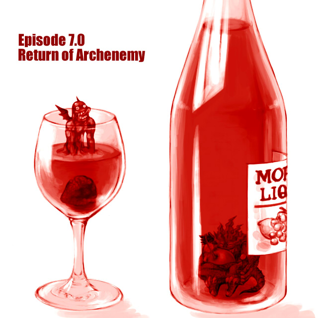 susukinohukurou, incarnation of morroc, satan morroc, ragnarok online, commentary request, alcohol, bottle, cherry, cup, demon, drinking glass, english text, food, fruit, monochrome, monster, no humans, red theme, simple background, white background, wine, wine bottle, wine glass