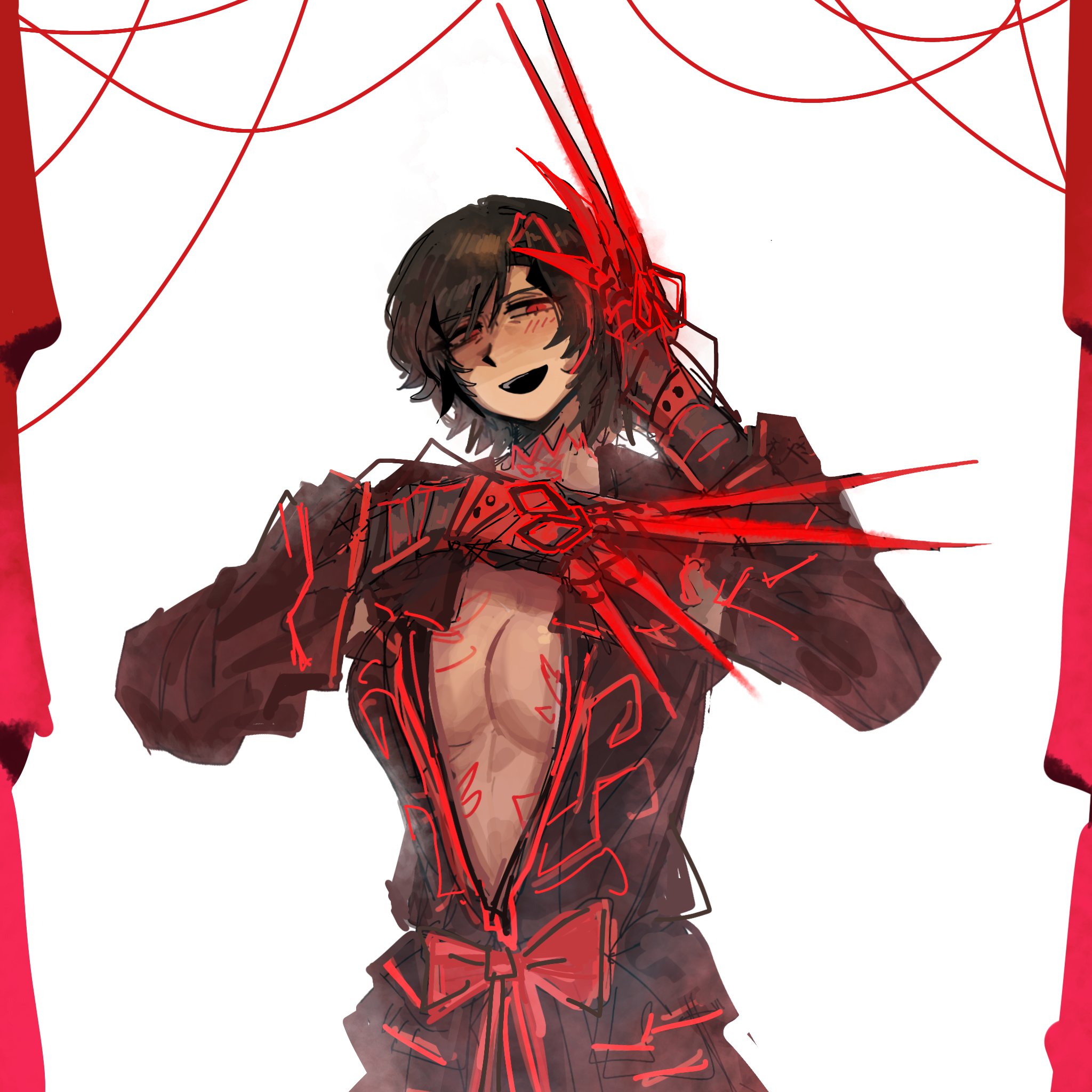 outis (project moon), limbus company, project moon, highres, 1girl, :d, border, bow, breasts, brown hair, claws, cleavage, dark-skinned female, dark skin, dress, la manchaland (identity) (project moon), long sleeves, looking at viewer, luoyerrrrr, open mouth, red border, red bow, red dress, red eyes, red streaks, simple background, smile, solo, upper body, white background