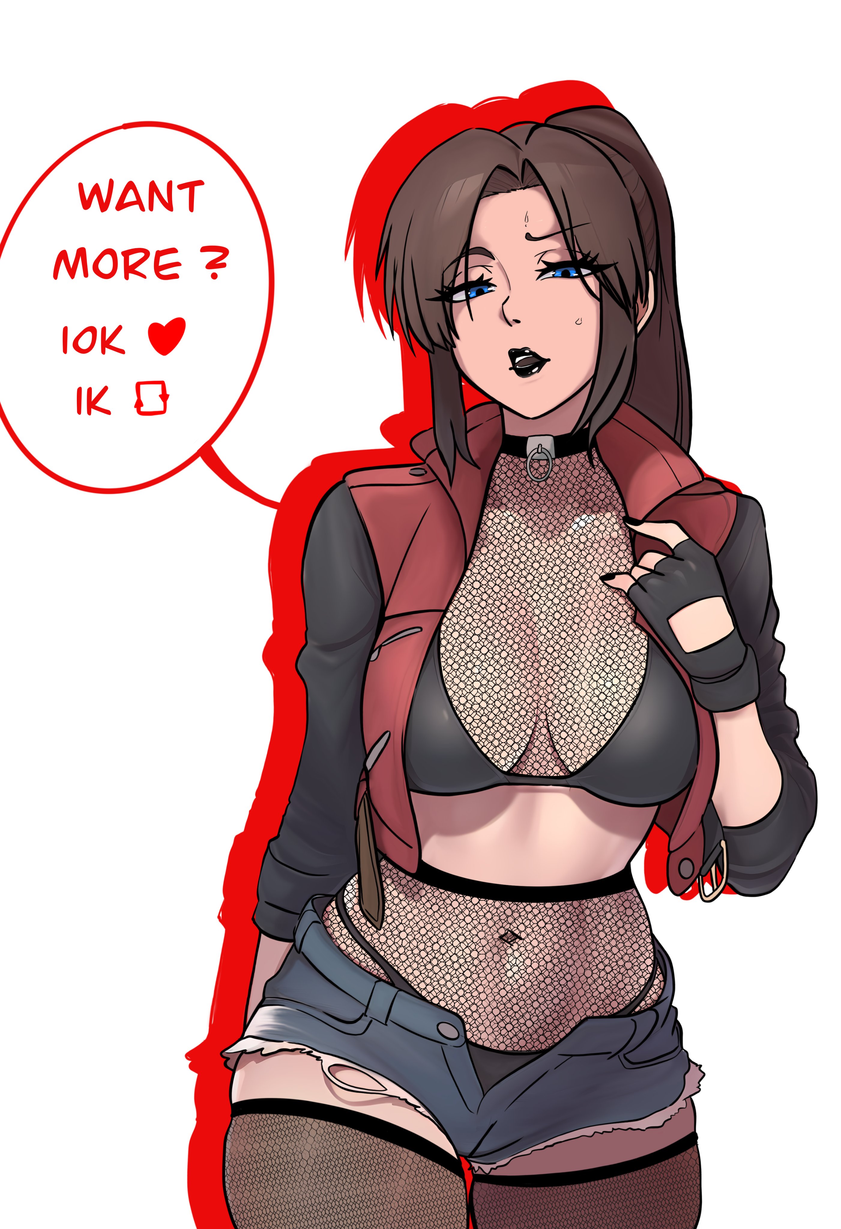 redpostit, claire redfield, resident evil, resident evil 2, absurdres, commentary, english commentary, highres, 1girl, bikini, black bikini, black gloves, black lips, blue eyes, breasts, brown hair, center opening, cleavage, cropped jacket, english text, fingerless gloves, fishnet thighhighs, fishnets, gloves, goth fashion, jacket, large breasts, long hair, looking at viewer, midriff, navel, open mouth, ponytail, red jacket, short shorts, shorts, sidelocks, solo, speech bubble, sweat, swimsuit, thighhighs, torn clothes, torn shorts