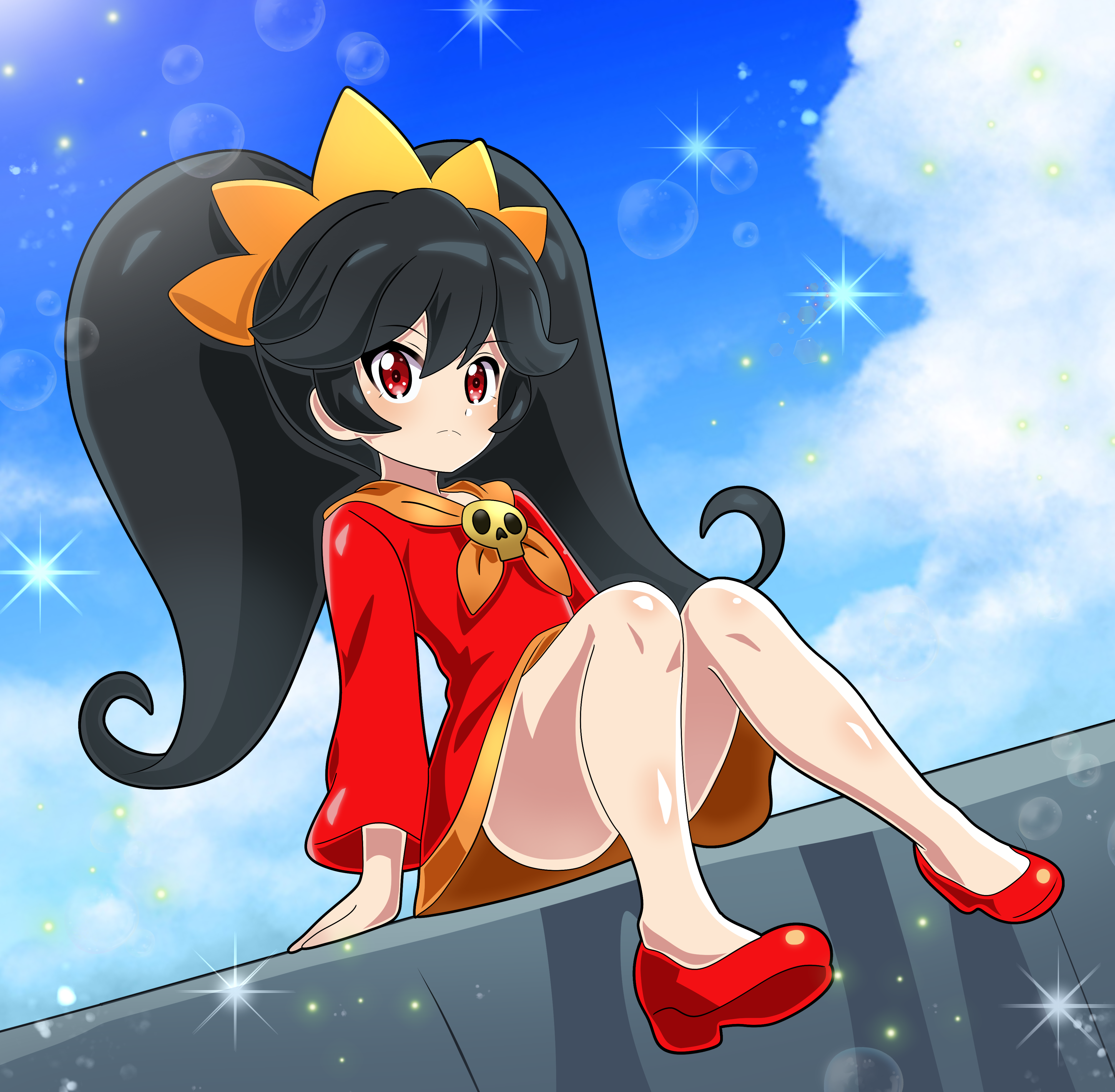 hitokiwa kenchin, ashley (warioware), nintendo, warioware, absurdres, highres, 1girl, closed mouth, dress, flat chest, full body, knees together feet apart, lens flare, light blush, long hair, red dress, red eyes, red shoes, shoes, sitting, skull ornament, solo, sparkle, twintails, white background