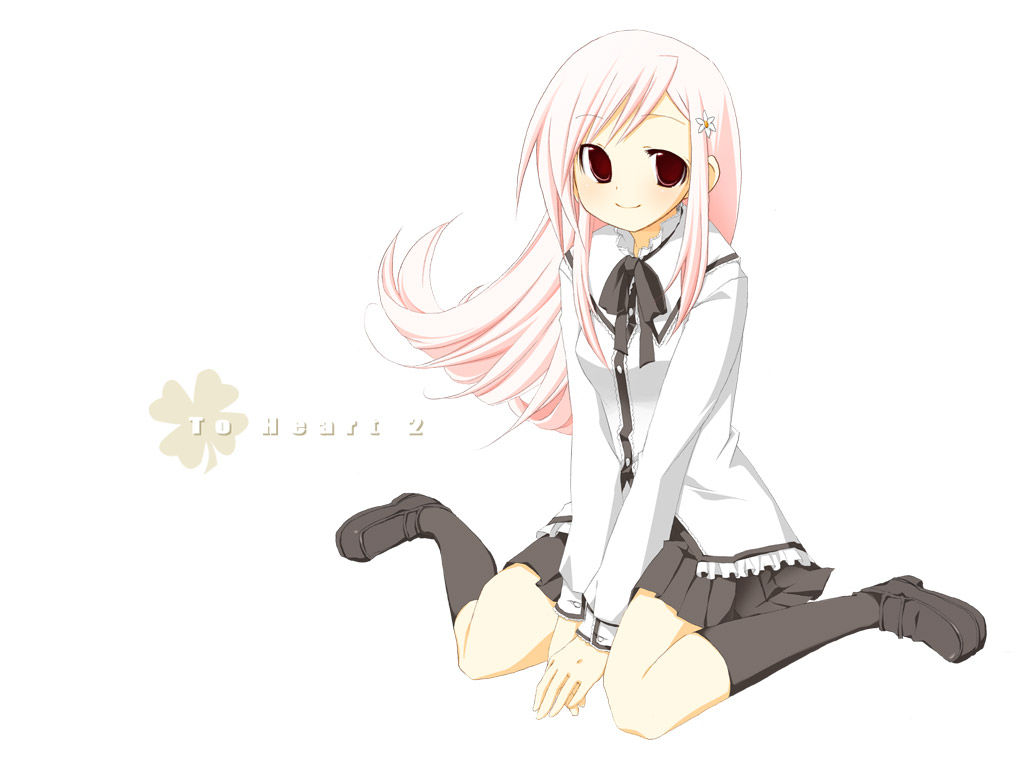 koshou shichimi, lucy maria misora, to heart (series), to heart 2, 00s, full body, kneehighs, long hair, pink hair, red eyes, skirt, socks, solo